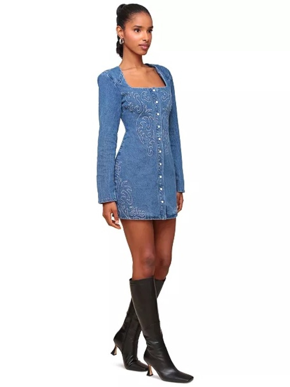 Avec Les Filles Blue Denim Embroidered Button-Front Mini Dress - Picture 3 of 12